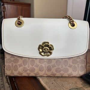 Coach Cream and Tan Signature Shoulder Bag